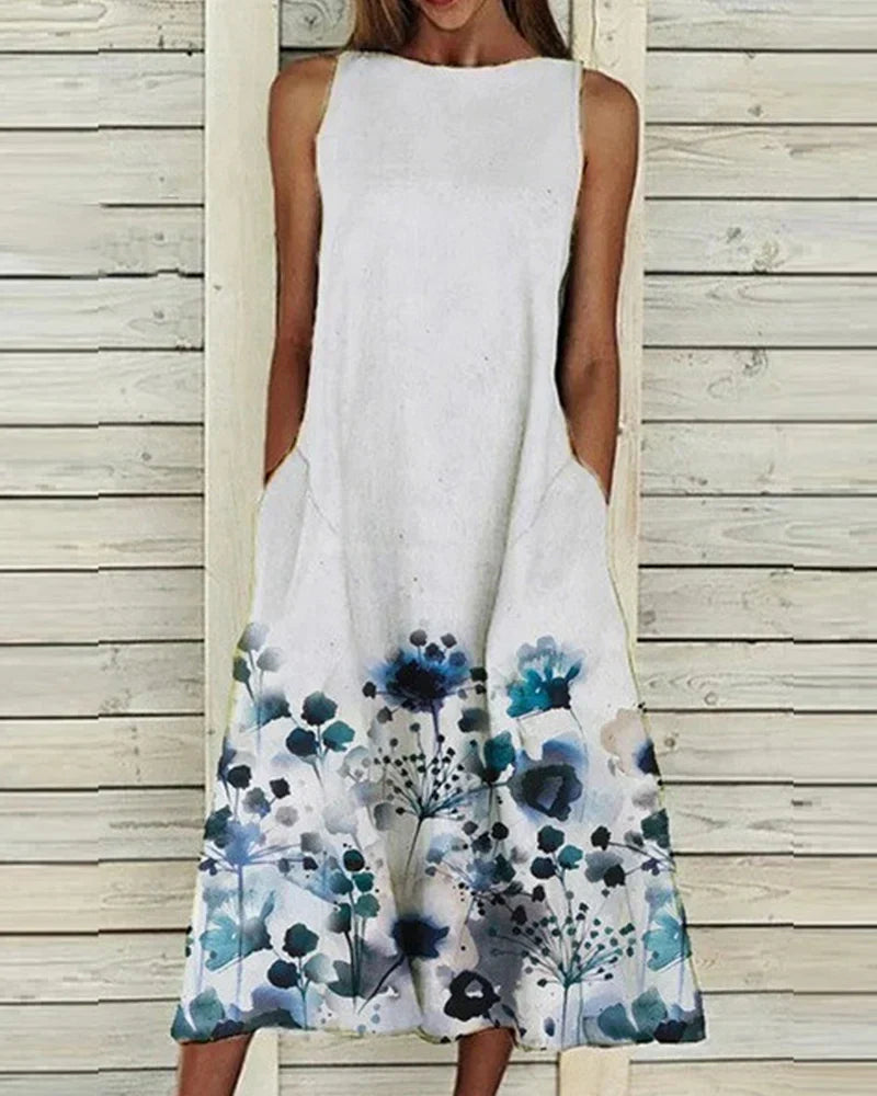 Dress for Women – Sleeveless Midi – A-line Fit – Breathable with Floral Print – With Pockets
