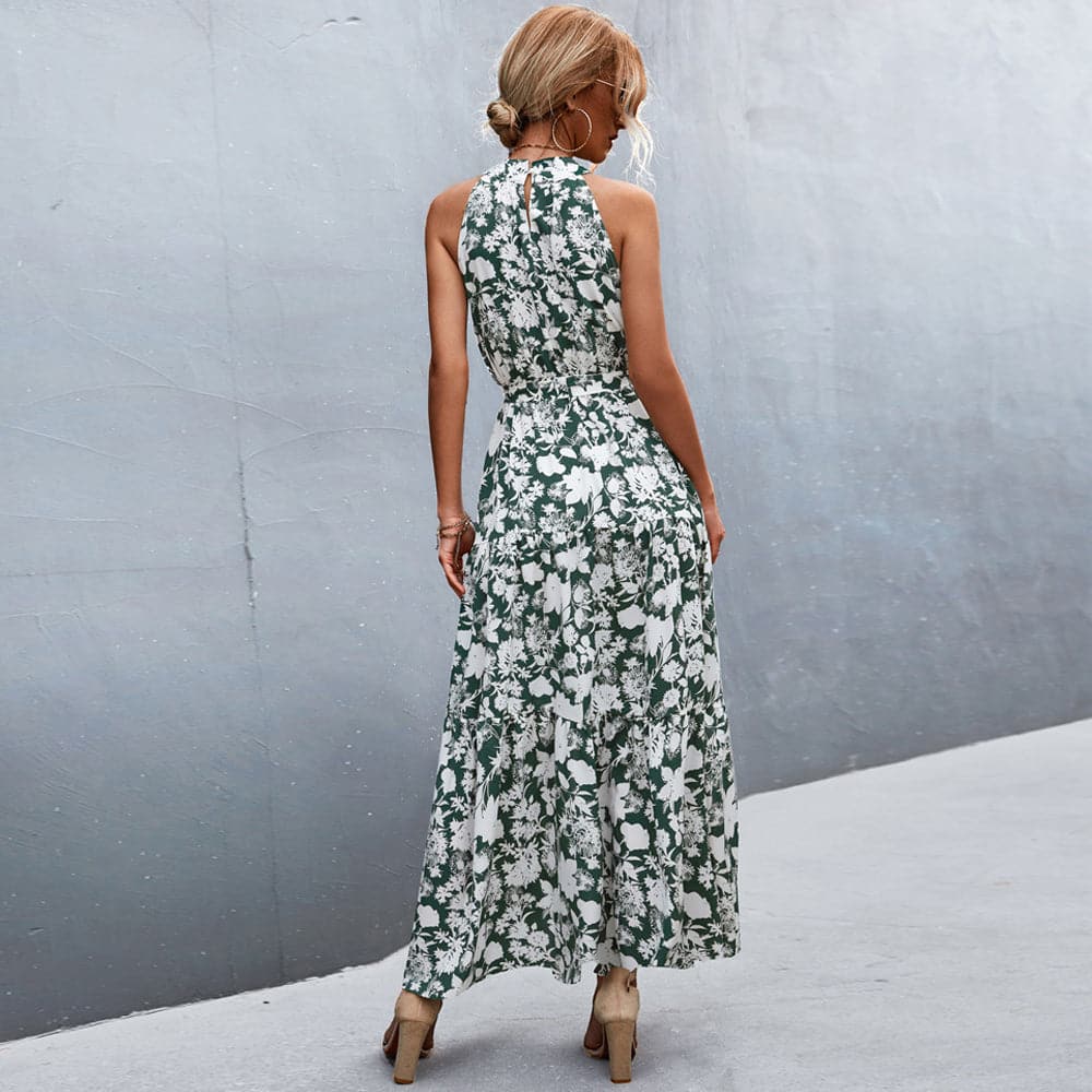 Women Maxi Dress - Halterneck - Sleeveless - Floral Print - Tie at Waist