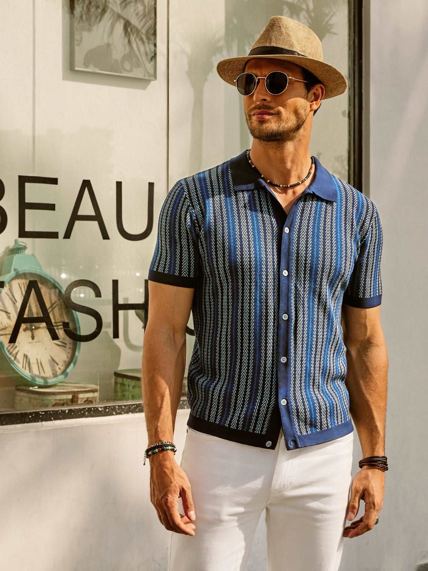 Men's Shirt - Button Closure - Short Sleeves - Retro Striped - Light and Breathable