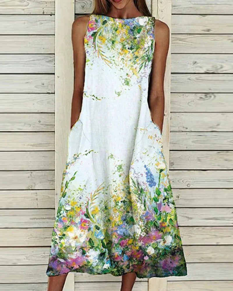 Dress for Women – Sleeveless Midi – A-line Fit – Breathable with Floral Print – With Pockets
