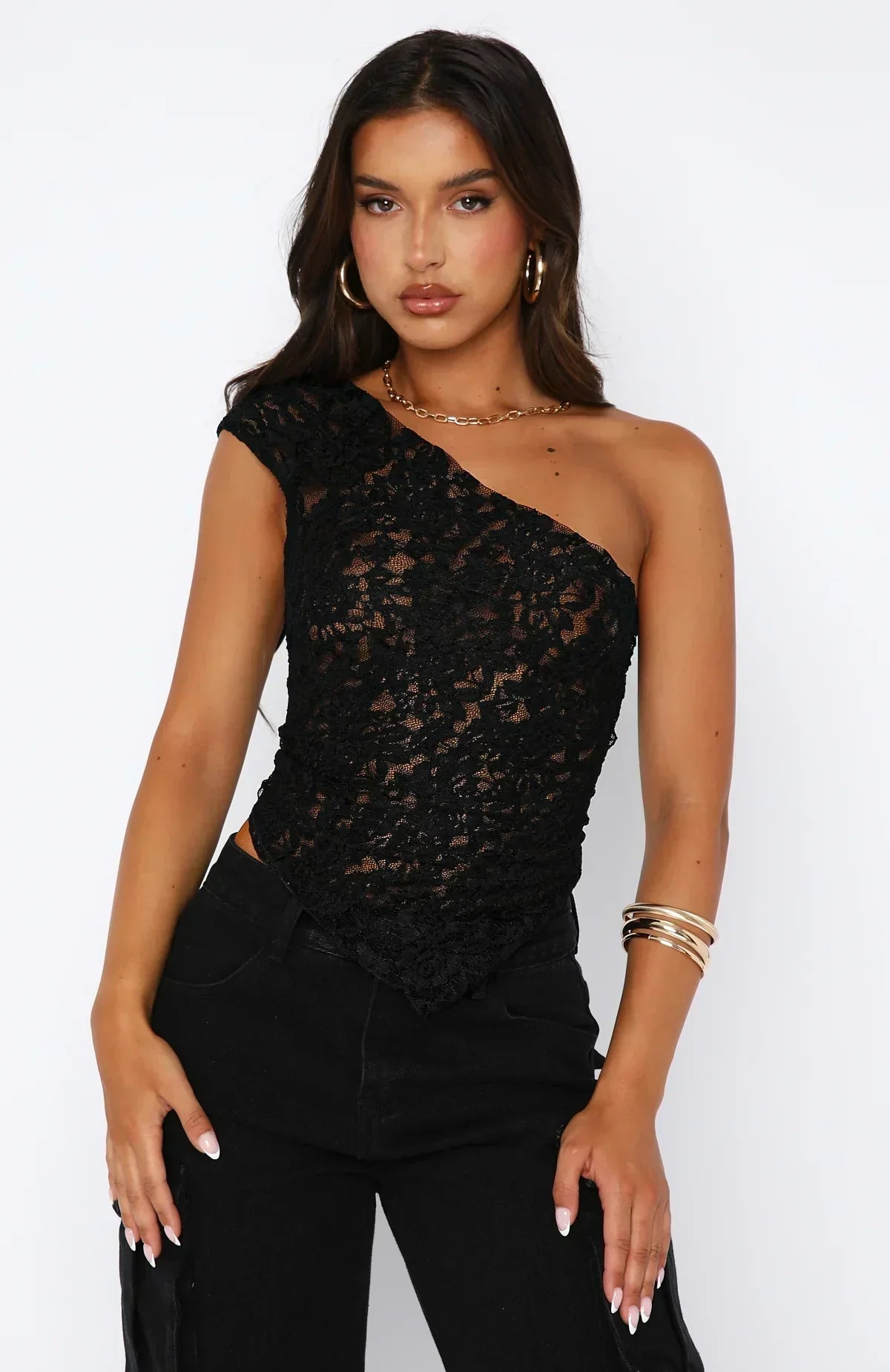 Women's Lace Blouse – Tailored Fit – One Shoulder – Asymmetric Hem – Cropped Length