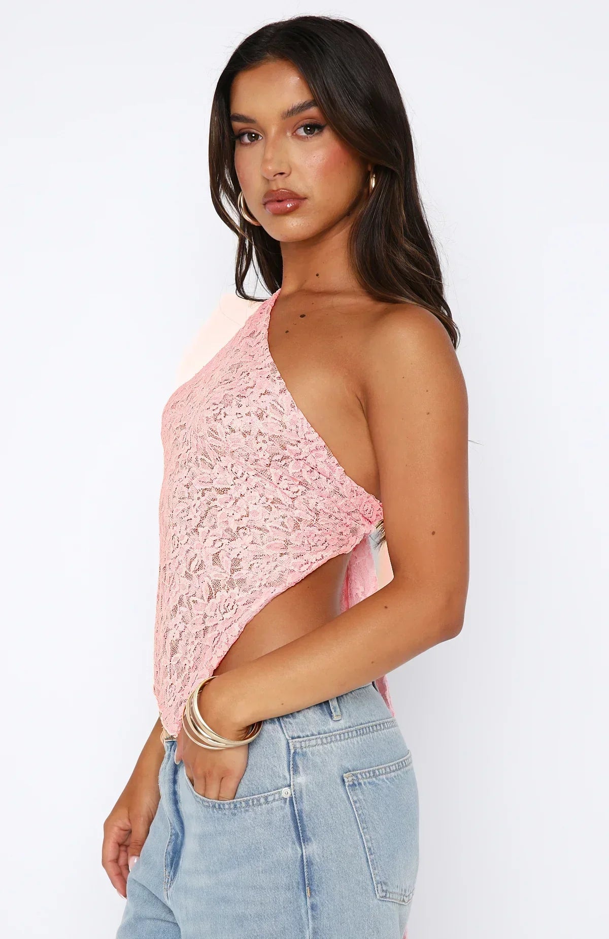 Women's Lace Blouse – Tailored Fit – One Shoulder – Asymmetric Hem – Cropped Length