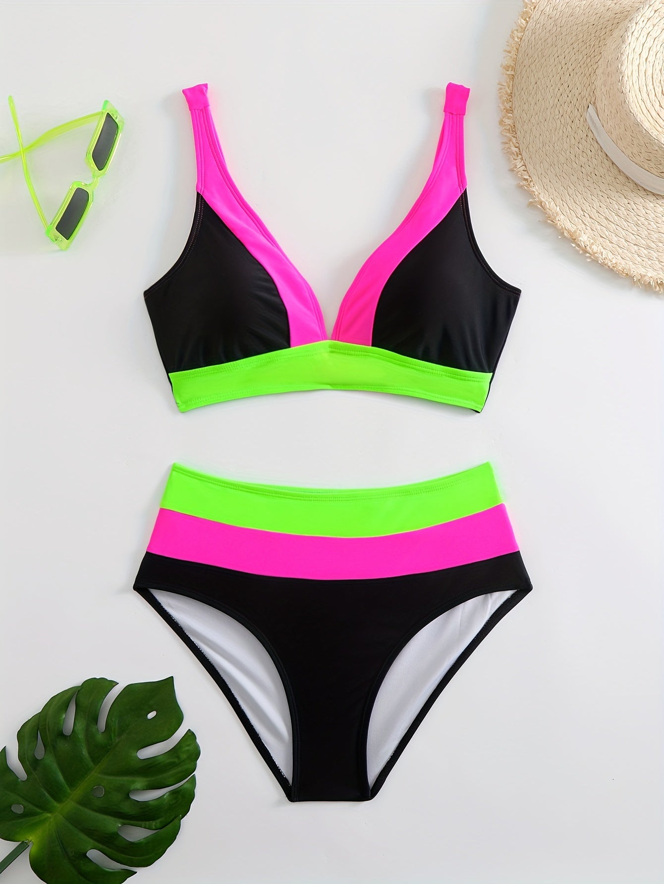 Women's Bikini – V-neck Top – Ruched Straps – High-waisted – Comfortable Fit
