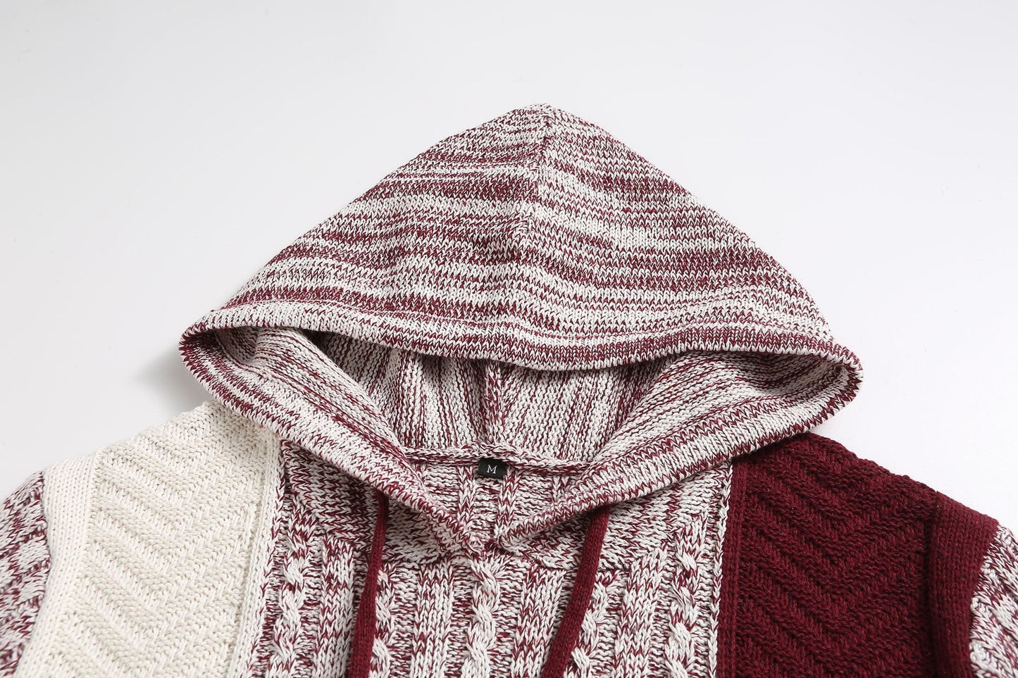 Men's Knit Hoodie - Patchwork Design - Cable Knit Details - Long-Sleeved Comfort