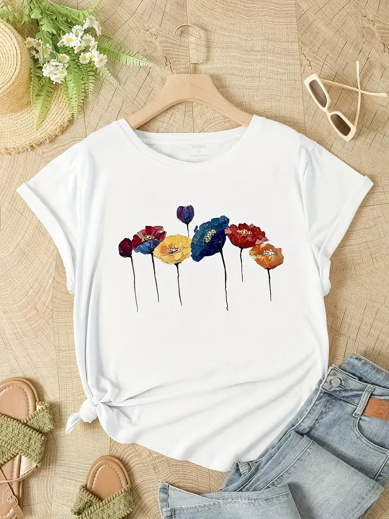 Women's T-shirt – Relaxed Fit – Soft Breathable Fabric – Floral Print – Round Neck
