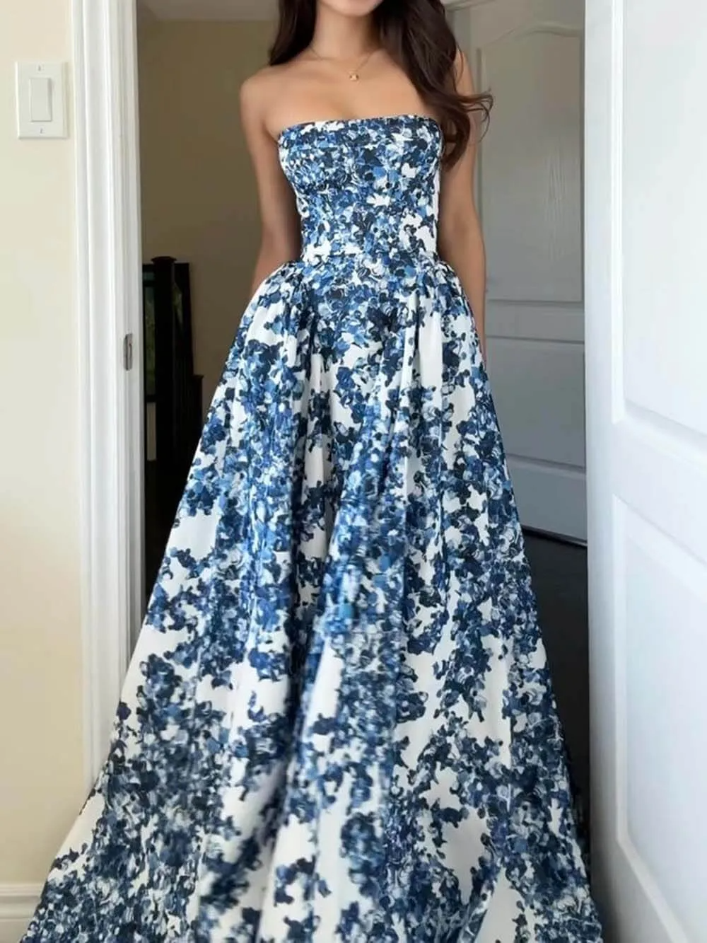 Dress for Women – Strapless Maxi Dress – Fitted Bodice – Floral Print – Luxurious Fabric