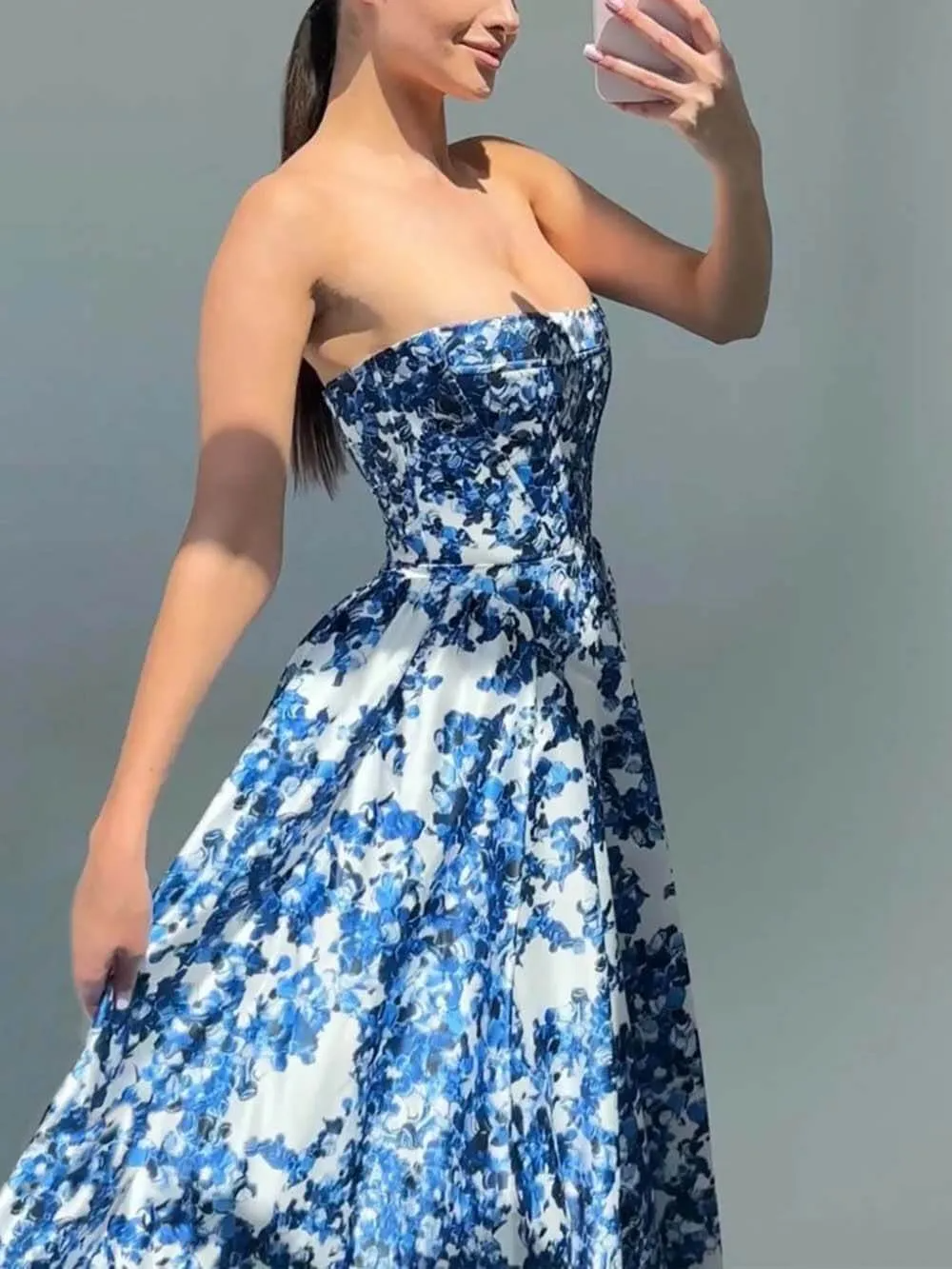 Dress for Women – Strapless Maxi Dress – Fitted Bodice – Floral Print – Luxurious Fabric