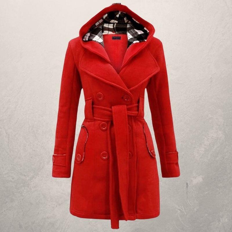 Dame Trenchcoat - Blød Fleece - Dobbelt Rad Knapper - Hætte & Bælte - Elegante Detaljer