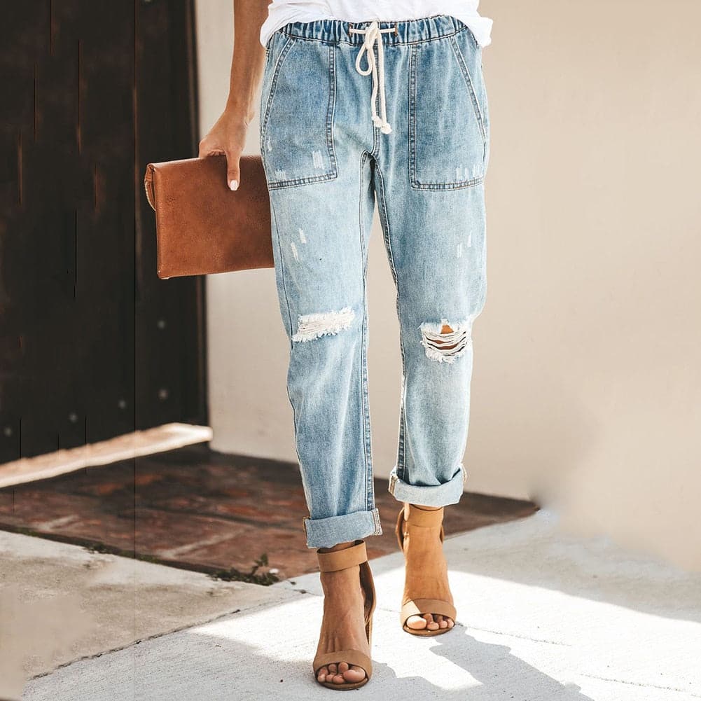 Women's Jogger Jeans - Elastic Waist with Drawstring - Relaxed Fit - Raw Details & Turn-Up