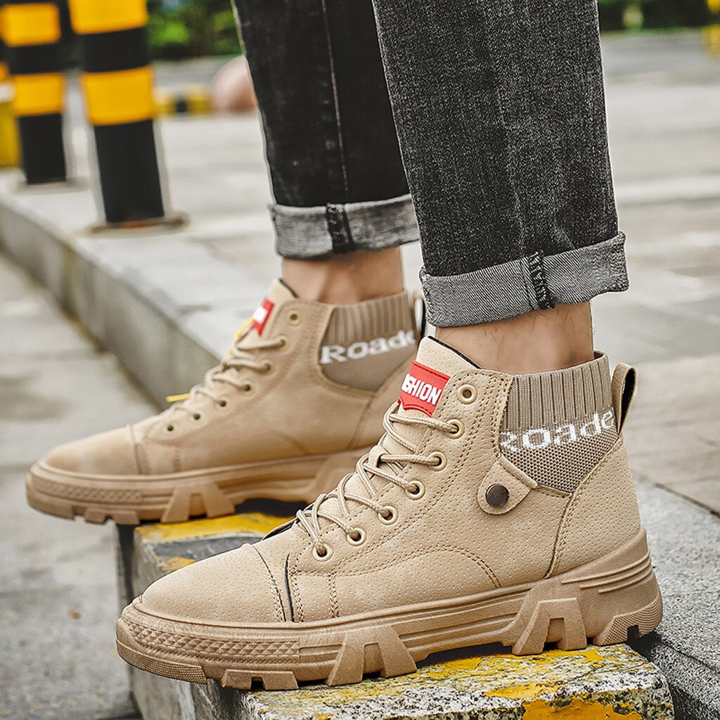 Men's High Sneakers - Durable Sole - Lace-Up Closure - Ribbed Ankle Cuff - Casual Look