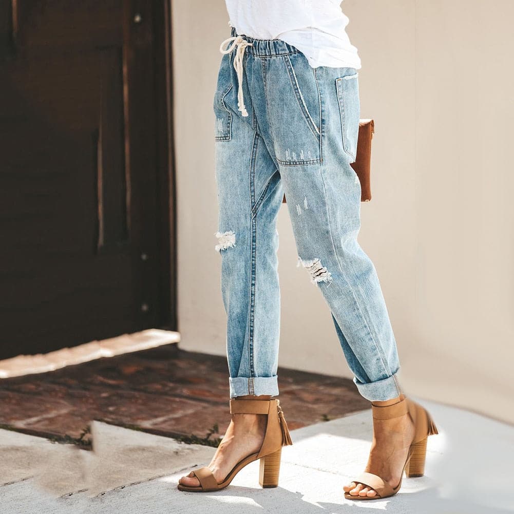 Women's Jogger Jeans - Elastic Waist with Drawstring - Relaxed Fit - Raw Details & Turn-Up