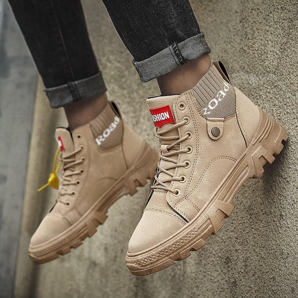 Men's High Sneakers - Durable Sole - Lace-Up Closure - Ribbed Ankle Cuff - Casual Look