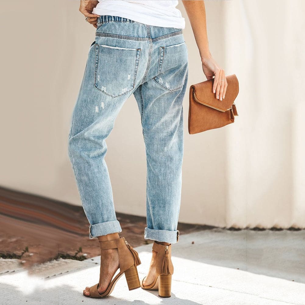 Women's Jogger Jeans - Elastic Waist with Drawstring - Relaxed Fit - Raw Details & Turn-Up