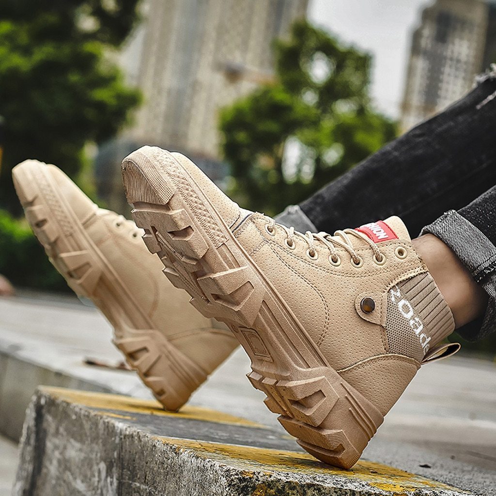 Men's High Sneakers - Durable Sole - Lace-Up Closure - Ribbed Ankle Cuff - Casual Look