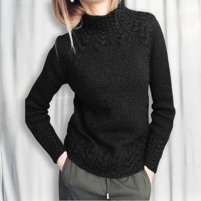 Women's Knit Sweater - Soft Knit - High Neck - Cable Knit Details - Slim Fit