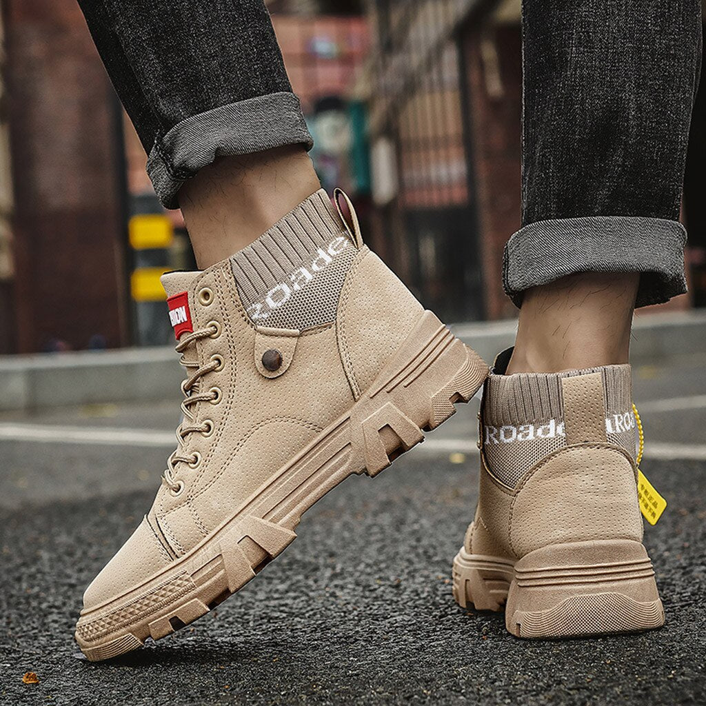 Men's High Sneakers - Durable Sole - Lace-Up Closure - Ribbed Ankle Cuff - Casual Look