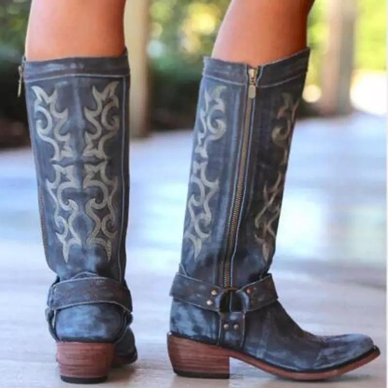 Women's Cowboy Boots - Genuine Leather - Knee-High with Embroidery - Classic Western Style