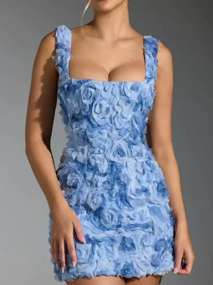 Dress for Women – Fitted Mini Dress – 3D Floral Texture – Corset Bodice – Adjustable Straps