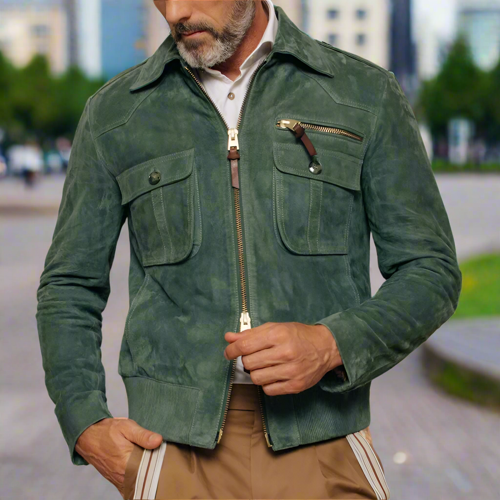 Herrejakke - Ruskind - Lynlås Lukning - Tailored Fit - Praktiske Lommer