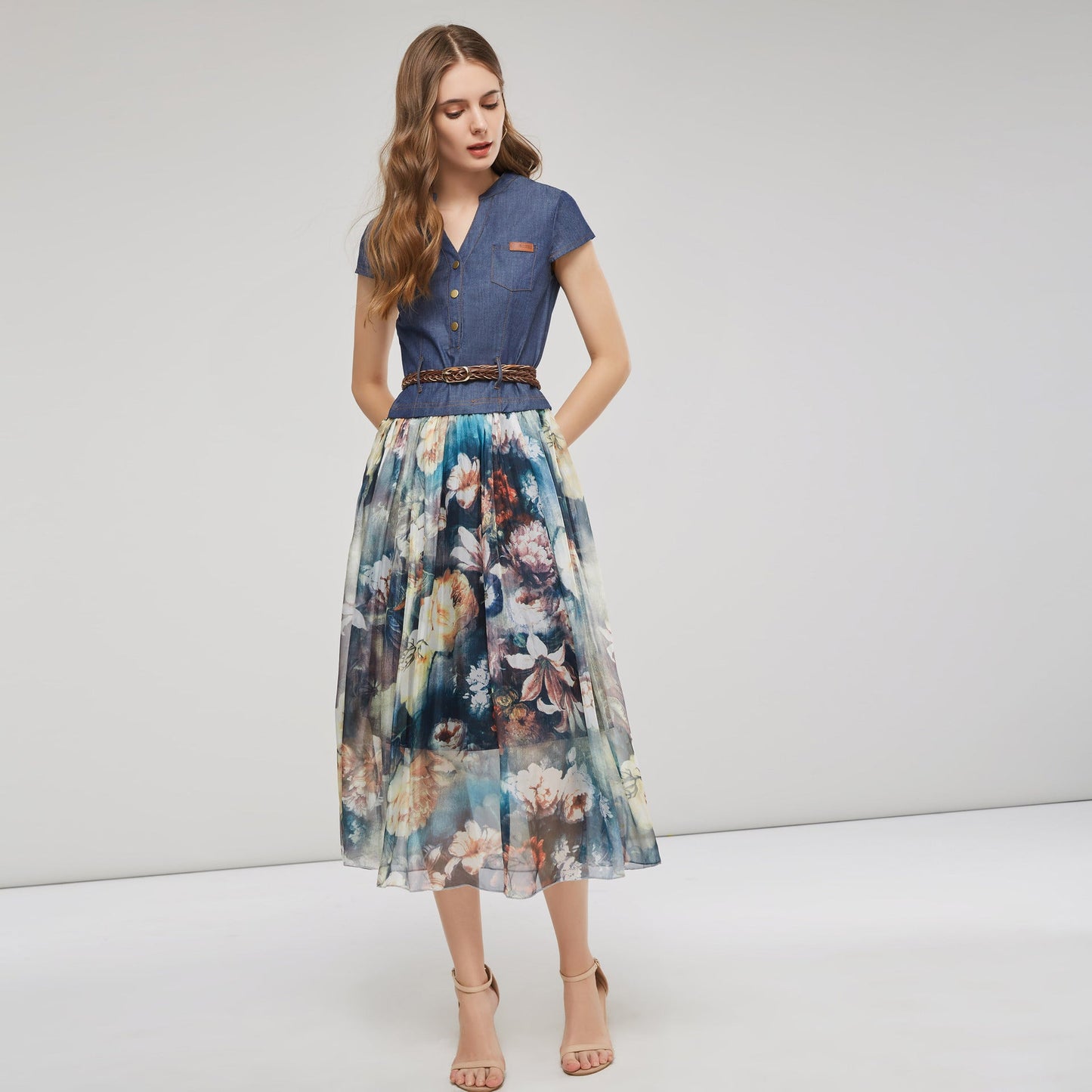 Dress for Women – Maxi – V-Neck – Button Closure – Braided Belt – Breathable Fabric