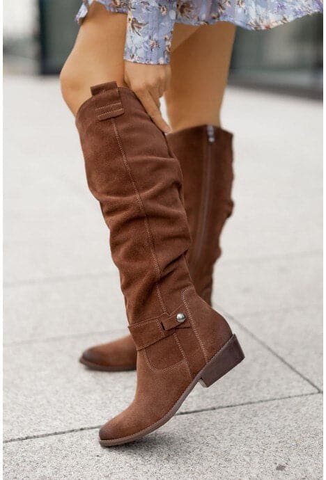 Women's Boots - Mid-Calf Slouchy Design - Genuine Suede - Flat Comfortable Sole
