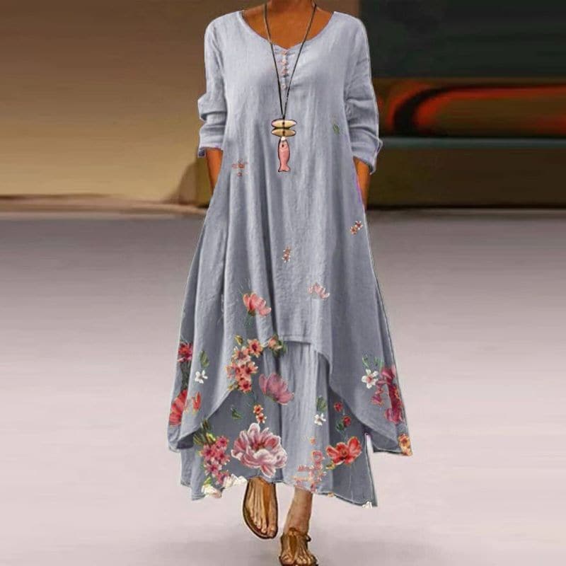 Women's Maxi Dress - Loose Fit - V-Neck with Buttons - Floral Lightweight Design
