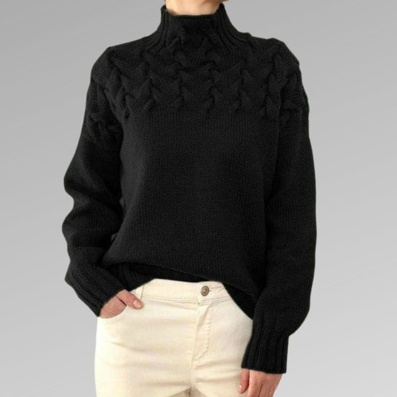 Women's Knit Sweater - Soft Wool Blend - Cable Knit & Ribbed Details - High Collar