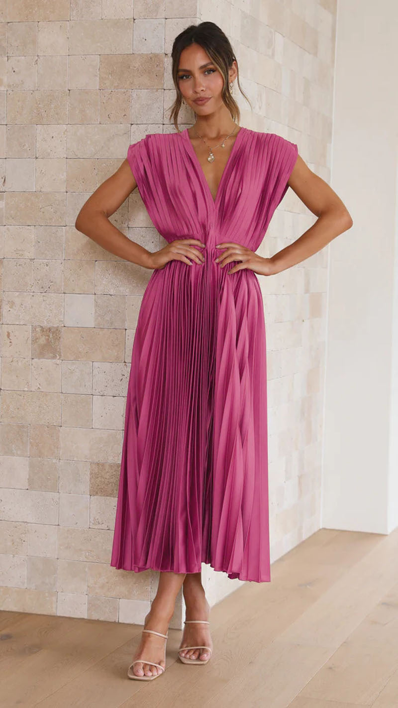 Women's Maxi Dress - Elegant V-Neck - Pleated Design - Flattering Waistline