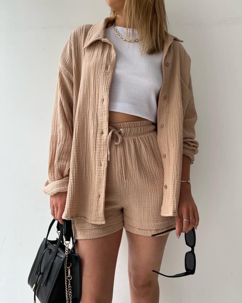 Women's Set - Soft Cotton - Button-Up Shirt & Elastic Shorts - Relaxed Fit