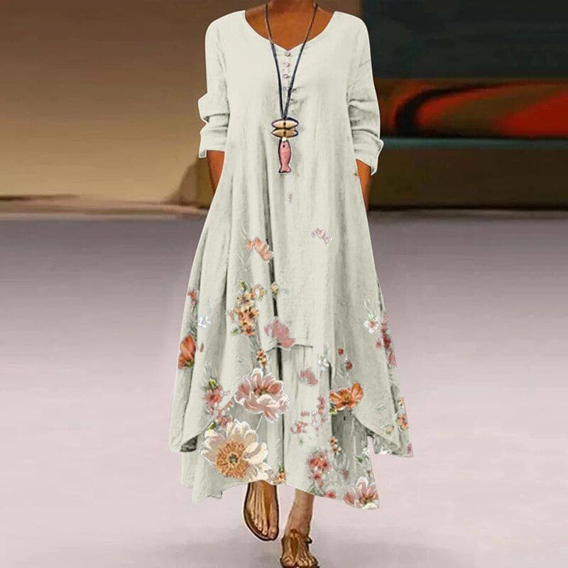 Women's Maxi Dress - Loose Fit - V-Neck with Buttons - Floral Lightweight Design