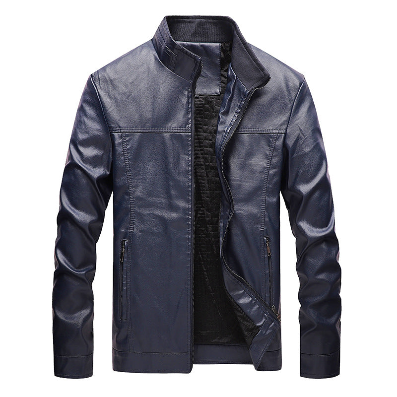 Men's Motorcycle Jacket – Slim Fit – Synthetic Leather – Stand Collar and Zippers