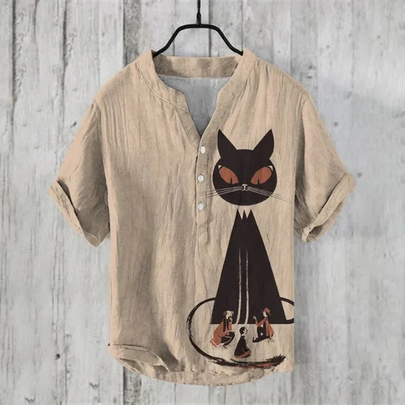 Men's Shirt – Relaxed Fit – Short Sleeves – Breathable Blend – Cat Graphic Front