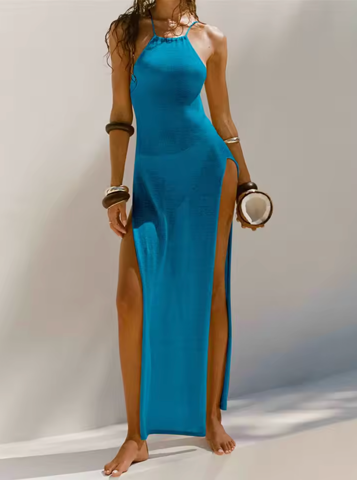 Women's Maxi Dress - Halterneck - Fitted - High Side Slits - Light and Flowy
