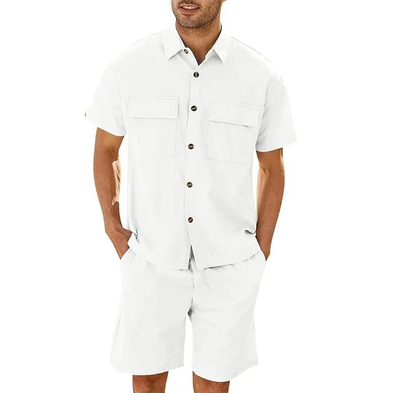Men's Set with Shirt and Shorts – Relaxed Fit – Short Sleeves – Breathable Lightweight Fabric – Adjustable Drawstring