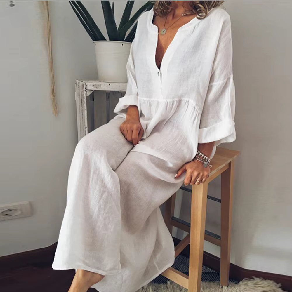 Women's Maxi Dress – Relaxed Fit – Airy Silhouette – Cotton-like Comfort – Button Closure