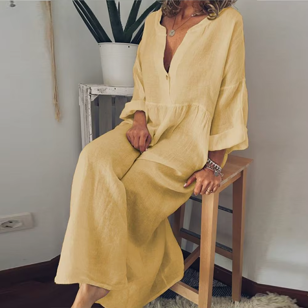 Women's Maxi Dress – Relaxed Fit – Airy Silhouette – Cotton-like Comfort – Button Closure
