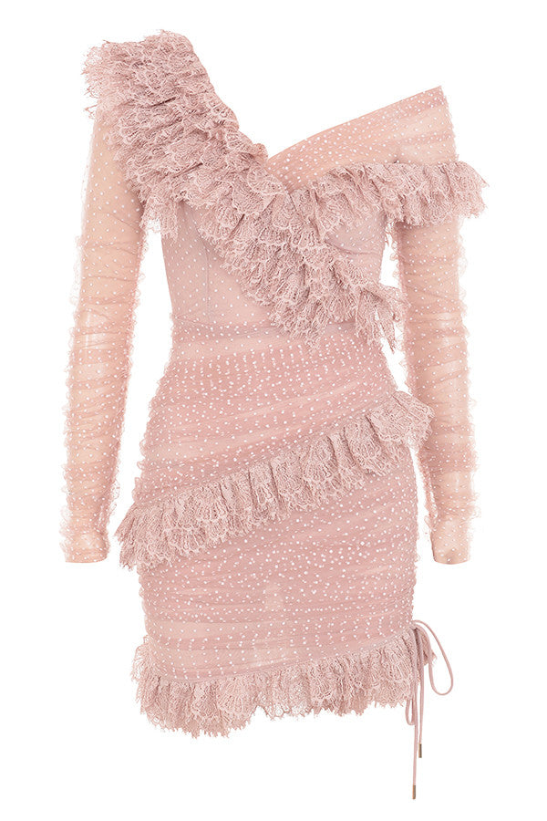 Dame Mini Kjole - Off-Shoulder - Figursyet - Mesh med Prikker - Flæser og Blondekant
