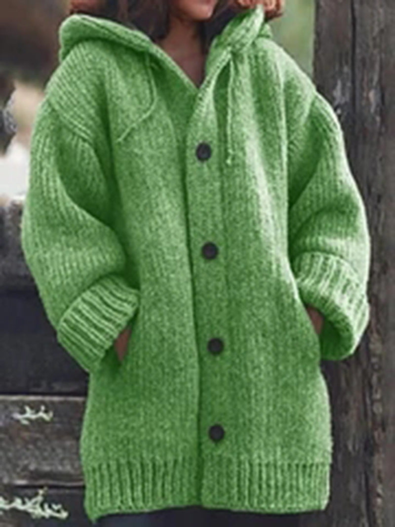 Women's Knit Cardigan - Oversized Fit - With Hood and Button Closure - Soft and Warm