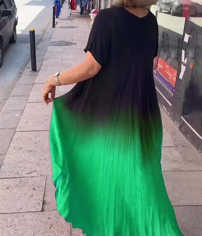 Women's Dress – Loose Fit – V-Neck – Knee Length – Short Sleeves – Soft Drape