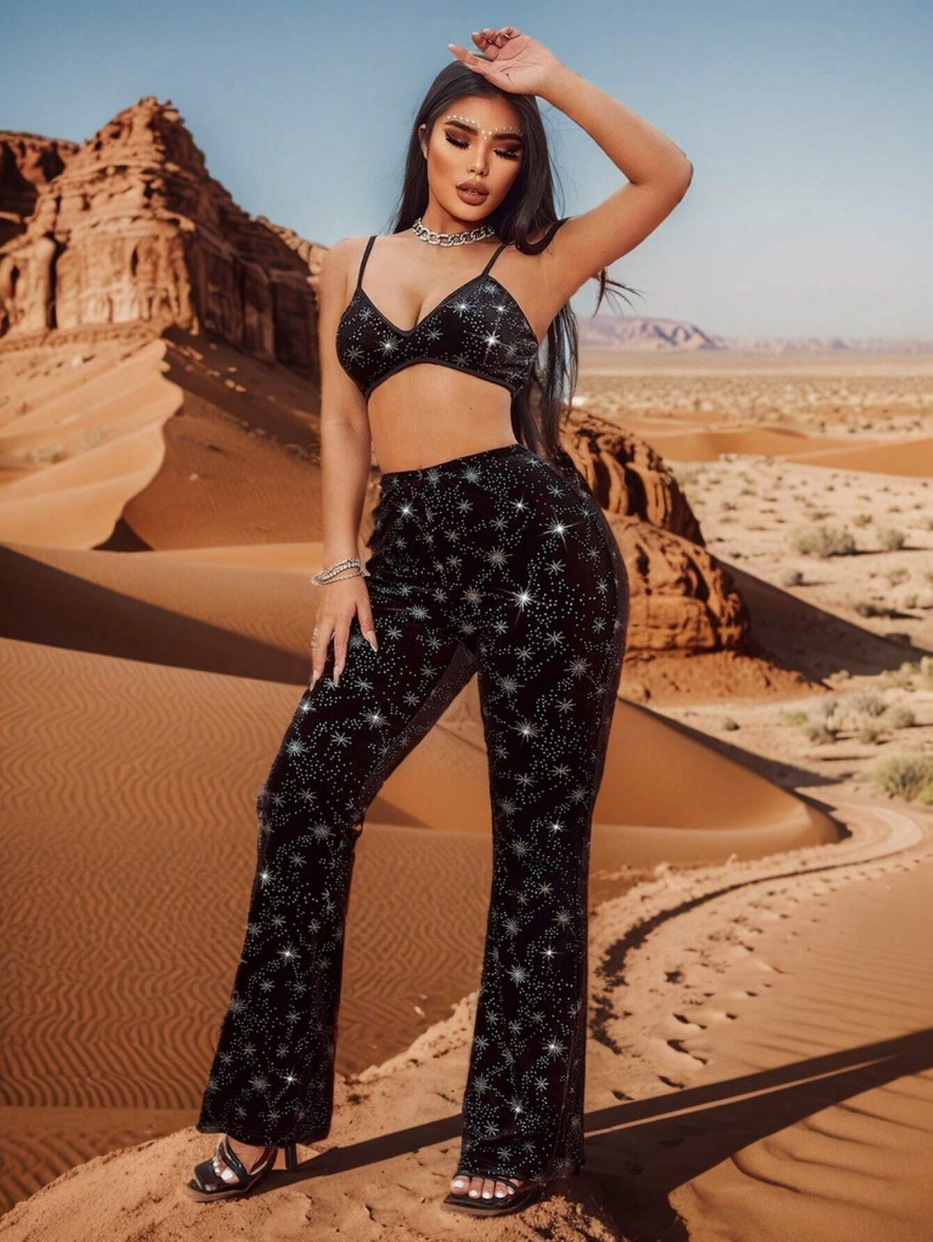 Women's Two-Piece Set - Bralette Crop Top & High-Waisted Flared Pants - Star Pattern