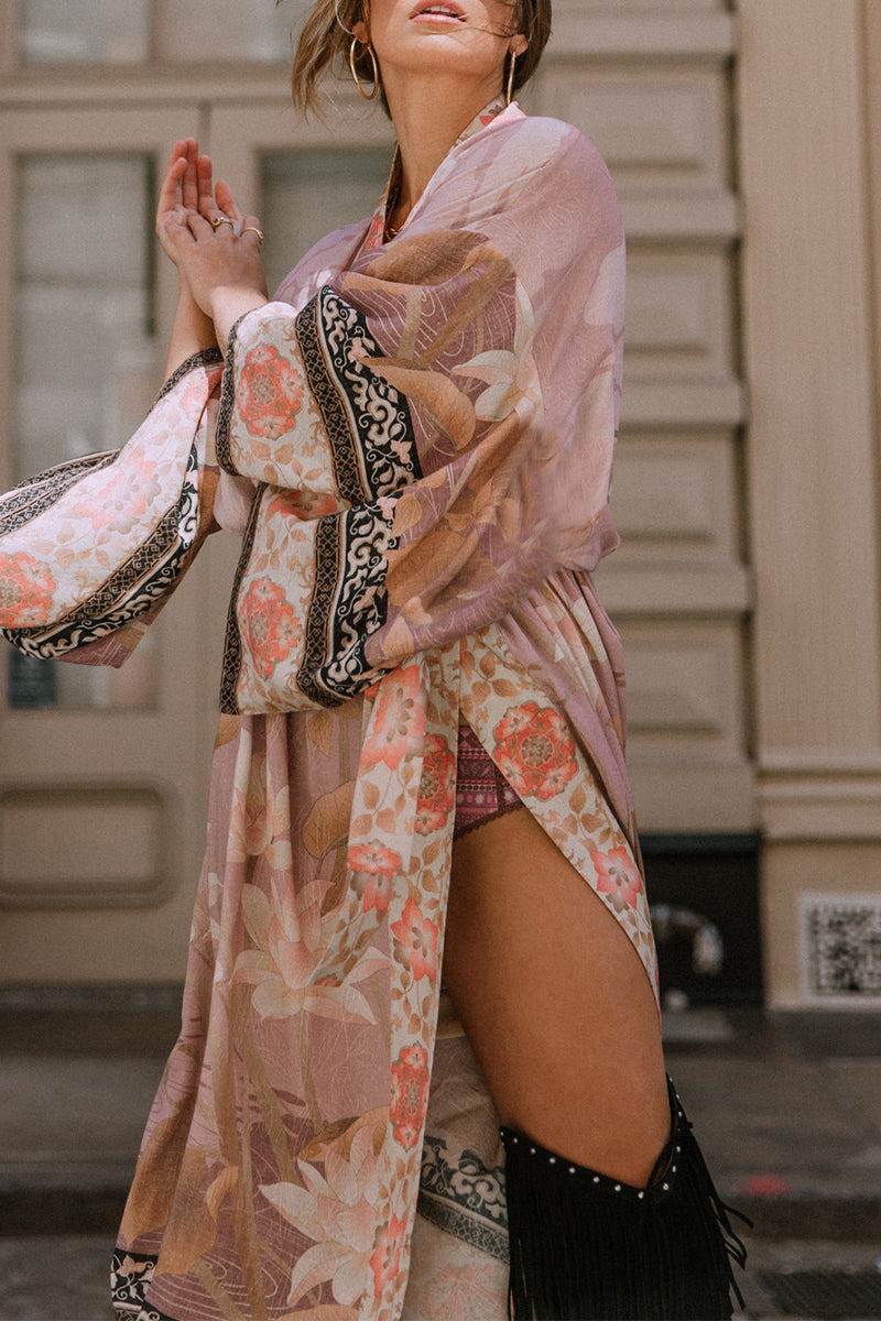 Women's Kimono Cover-Up – Loose Fit – Lightweight and Breathable – Floral Pattern – Waistband