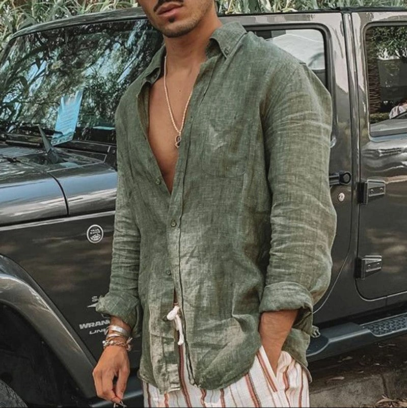 Men's Shirt with Long Sleeves – Relaxed Fit – Breathable Natural Material – Button Closure