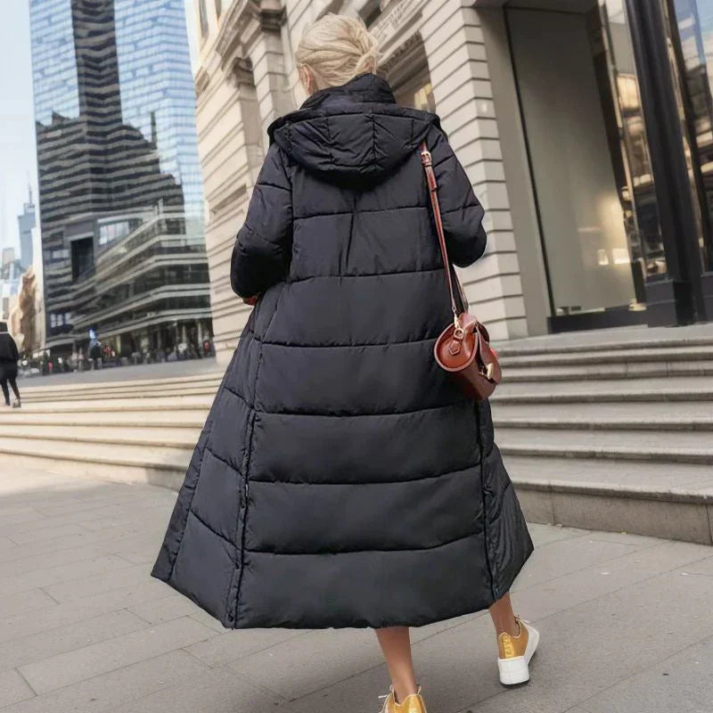 Women's Long Padded Coat - Quilted Design - High Collar - Warm and Water-Resistant