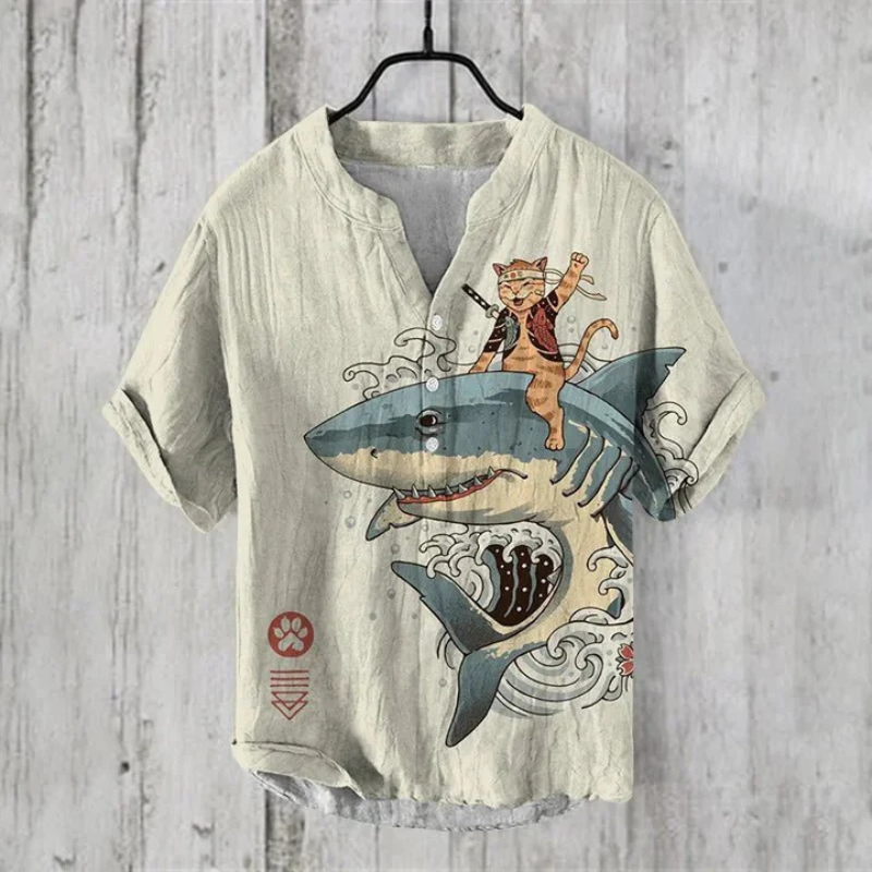 Men's Shirt – Relaxed Fit – Short Sleeves – Breathable Blend – Cat Graphic Front