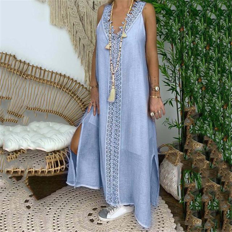 Women's Maxi Dress – Loose Fit – Lace Details – Breathable Lightweight Material – Slit
