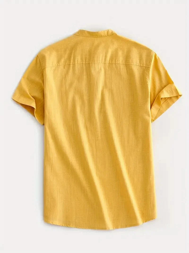 Men's Shirt - Short Sleeved - Mandarin Collar - Button Closure - Relaxed Fit