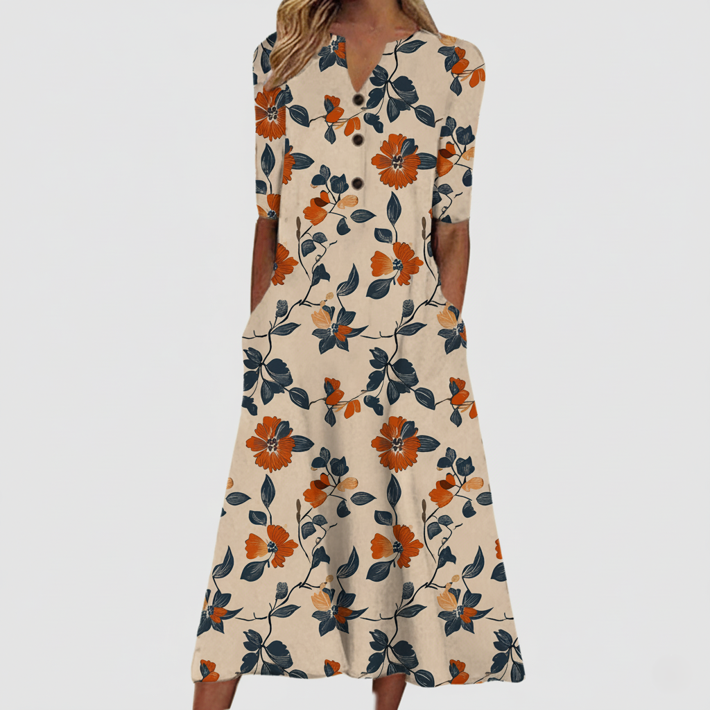 Women's Dress - Floral Print Midi - Half Sleeve - Button Front