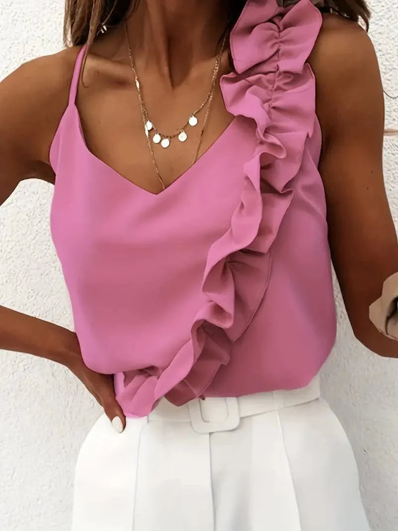 Women's Top - Sleeveless V-neck - Spaghetti Straps - Asymmetric Ruffle Detail