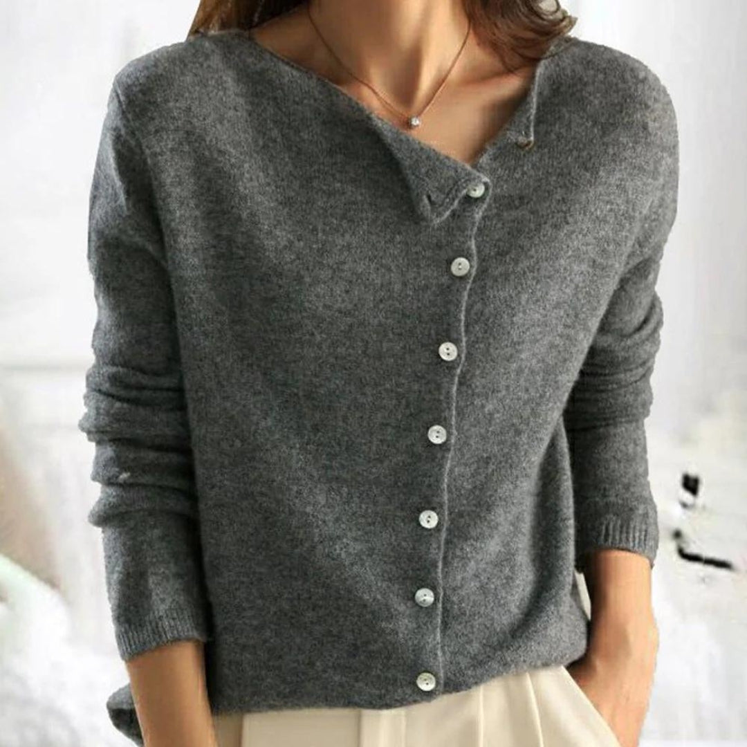 Women's Knit Sweater - Asymmetric Button Closure - Soft Wool Blend - Long-Sleeved Relaxed Fit