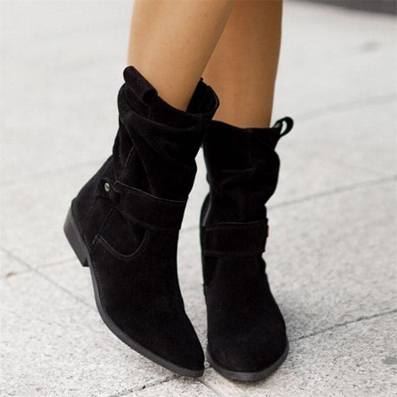 Women's Boots - Mid-Calf Slouchy Design - Genuine Suede - Flat Comfortable Sole